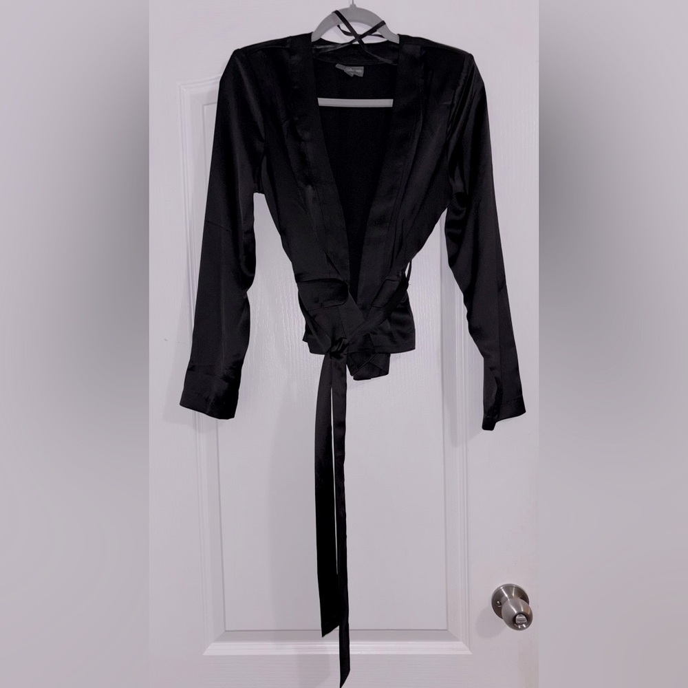 Bold Elements Black Satin Blazer with Tie Front Waist Sz S NWOT